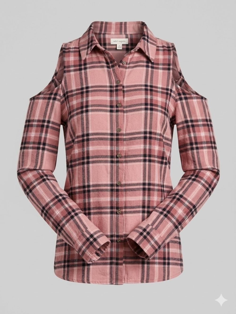 Self Esteem Pink Plaid Cold-Shoulder Button Down Shirt